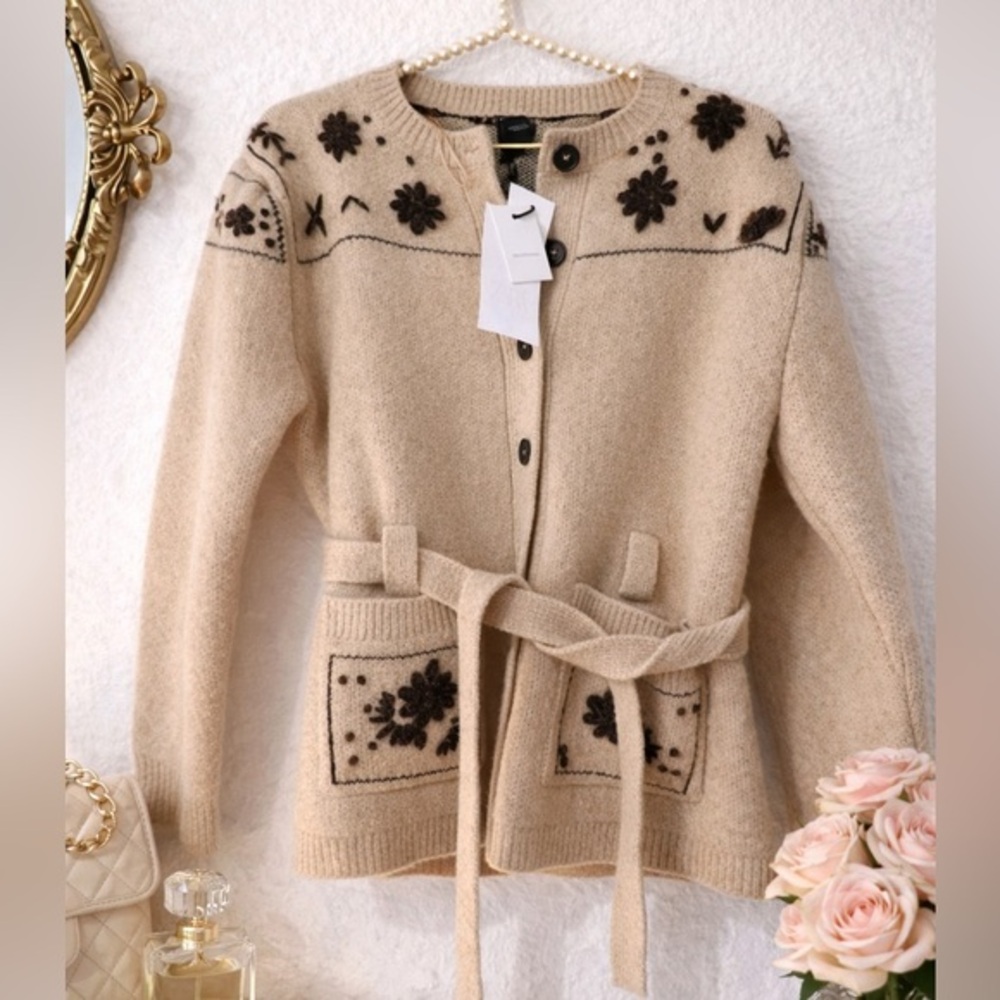 Zara Beige Knit Floral Belted Cardigan